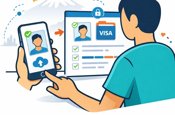 Flat or semi-flat vector illustration, clean modern 2D tech aesthetic, deep blue and turquoise brand colors with warm apricot Armenian accent, faceless traveler uploading a passport photo and visa files from smartphone to a secure online portal, interface icons for photo approval, checklist and status tracking, minimalist white and grey background with faint Mount Ararat silhouette, calm organized efficient atmosphere, not photorealistic