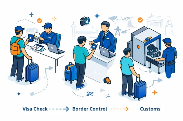 Flat or semi-flat vector illustration, clean lines, modern tech feel, isometric infographic style. Three panels showing abstract faceless travelers moving through Visa check, Border Control, and Customs, with documents, passport, luggage scanner, and camera equipment. Deep blue and turquoise palette with subtle contrasting accent color. Calm, organized, efficient atmosphere. Minimal white and light grey background with faint airport icons and directional arrows. No photorealism, no facial details.