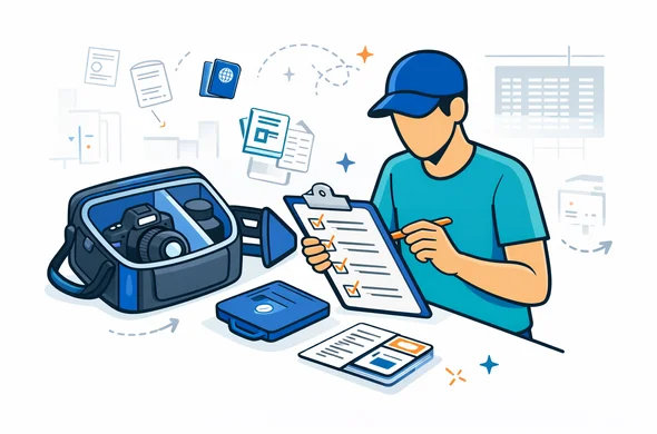 Flat or semi-flat vector illustration, clean lines, modern tech feel, 2D editorial style. An abstract faceless traveler reviewing a checklist of passport, visa papers, employer letter, equipment list, and boarding pass next to a camera case and laptop bag. Deep blue and turquoise palette with a subtle accent color for highlights. Calm, safe, organized atmosphere. Minimal white and soft grey background with faint document icons and airport departure board silhouette. No photorealism.