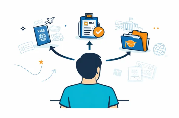 Flat semi flat vector illustration of three decision paths for travel authorization, faceless abstract traveler choosing between visitor entry, digital ETA approval, and student visa folder, deep blue and turquoise palette with warm amber accent, modern tech style, clean lines, organized dashboard elements, minimalist white and light grey background, faint outline of embassy building, passport stamps, and travel icons, calm safe efficient mood, no photorealism, no text
