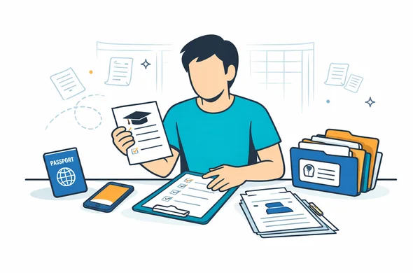Flat vector illustration of faceless abstract traveler preparing documents for a short course abroad, passport, acceptance letter, employment proof, phone, checklist, and organized folders on desk, deep blue and turquoise palette with warm amber accent, minimalist white and light grey background, faint outline of consulate window and document icons, clean modern 2D semi flat style, calm safe efficient mood, no photorealism, no text