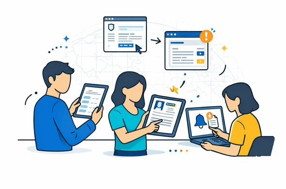 Semi-flat vector illustration, modern digital workflow, deep blue and turquoise palette with soft yellow accents, minimalist white background with faint world map grid. Abstract faceless visa support team comparing online form fields, official website screens, uploaded documents, and update alerts on tablets and laptops. Calm, efficient, secure atmosphere, no readable text, not photorealistic.