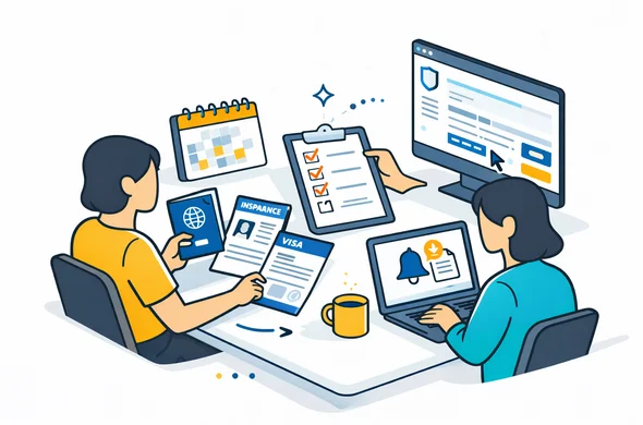 Clean flat vector illustration, isometric desk scene, deep blue and turquoise with warm yellow accents, minimal white background, abstract faceless traveler organizing passport, calendar, checklist, insurance paper, and visa documents while a support expert reviews an official website on screen. Calm, trustworthy, efficient mood, no text, no photorealism.