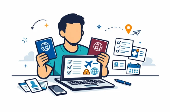Flat or semi-flat vector illustration, modern tech style, clean lines, 2D or light isometric composition. A faceless traveler sits at a white desk comparing two passports, one blue and one burgundy, with a laptop showing a visa checklist and travel icons. Deep blue and turquoise as primary brand colors, subtle accent color inspired by global travel planning. Minimalist white and light grey background, calm and organized atmosphere, abstract documents, phone, and checklist cards around the desk. No photorealism, no detailed facial features, safe and efficient mood. Flat or semi-flat vector illustration, modern tech style, clean lines, 2D or light isometric composition. A faceless traveler sits at a white desk comparing two passports, one blue and one burgundy, with a laptop showing a visa checklist and travel icons. Deep blue and turquoise as primary brand colors, subtle accent color inspired by global travel planning. Minimalist white and light grey background, calm and organized atmosphere, abstract documents, phone, and checklist cards around the desk. No photorealism, no detailed facial features, safe and efficient mood.