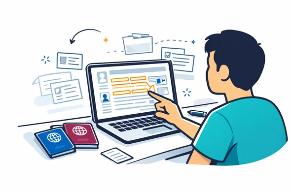 Flat vector illustration, clean modern 2D style, faceless abstract character reviewing multiple documents on a laptop screen. Two passports, visa form fields, and highlighted name-matching lines are visible on a desk. Deep blue and turquoise palette with subtle travel accent color, organized and calm scene, minimalist white and light grey background, thin outline graphics of folders and document cards. Emphasis on consistency checks, no photorealism, no facial detail, safe administrative atmosphere. Flat vector illustration, clean modern 2D style, faceless abstract character reviewing multiple documents on a laptop screen. Two passports, visa form fields, and highlighted name-matching lines are visible on a desk. Deep blue and turquoise palette with subtle travel accent color, organized and calm scene, minimalist white and light grey background, thin outline graphics of folders and document cards. Emphasis on consistency checks, no photorealism, no facial detail, safe administrative atmosphere.