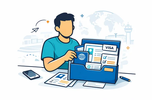 Modern flat vector illustration, calm administrative travel scene. A faceless traveler organizes a visa document folder with passport, boarding pass, phone, checklist, and labeled document cards. Deep blue and turquoise brand palette, clean white and grey background, subtle outline of an airport terminal and world map shapes, organized safe atmosphere, efficient process, 2D semi-flat illustration, no photorealism, no detailed facial features. Modern flat vector illustration, calm administrative travel scene. A faceless traveler organizes a visa document folder with passport, boarding pass, phone, checklist, and labeled document cards. Deep blue and turquoise brand palette, clean white and grey background, subtle outline of an airport terminal and world map shapes, organized safe atmosphere, efficient process, 2D semi-flat illustration, no photorealism, no detailed facial features.