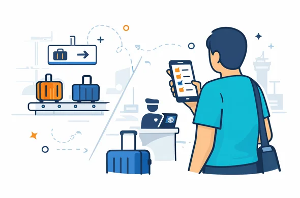 Flat vector illustration with clean lines and modern tech style, deep blue and turquoise palette with soft amber accent, faceless traveler reviewing a digital checklist on a phone next to passport suitcase and airport border control icon, subtle split layout showing baggage claim and passport control, calm organized efficient safe mood, minimalist white and grey background with faint airport terminal outline, 2D or light isometric, not photorealistic