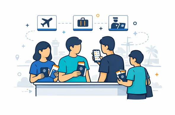 Flat or semi flat vector illustration, deep blue and turquoise with soft amber accent, abstract faceless family or travel group at an airport connection desk, each person holding different passports and boarding passes, one person checking route on phone, icons for border control baggage and transit in the background, calm organized safe atmosphere, minimalist white and grey background with subtle airport line art, modern tech feel, 2D or light isometric, not photorealistic