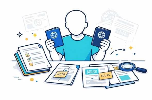 Flat vector illustration, modern tech 2D scene, deep blue and turquoise palette with subtle gold accent, abstract faceless immigrant traveler organizing multiple documents, two passports, translated papers, name spellings on sticky notes, careful document matching process, calm efficient atmosphere, minimalist white background with faint passport stamp silhouette, clean lines, semi-flat illustration, not photorealistic