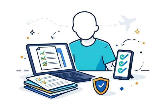 Flat or semi-flat vector illustration, clean modern tech style, deep blue and turquoise brand colors with subtle gold accent, abstract faceless traveler reviewing a final visa submission checklist on laptop and phone, organized stack of documents, checkmarks, shield icon, calm safe efficient feeling, minimalist white and light grey background with faint airplane route outline, clean lines, not photorealistic