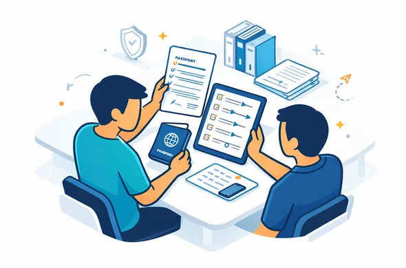 Flat or semi-flat vector illustration, clean lines, modern tech feel, isometric composition, deep blue and turquoise primary palette with soft amber accent, two faceless abstract characters comparing passport, employment letter, timeline notes and visa checklist on a tablet, organized desk, calm safe atmosphere, minimalist white and light grey background, subtle shield and document icons, no photorealism, no text, no watermark