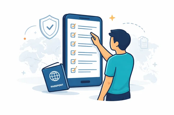 Flat or semi-flat vector illustration, clean lines, modern tech feel, 2D vector style, deep blue and turquoise primary palette with soft amber accent, faceless abstract character checking a final visa submission checklist on a large smartphone screen, passport and secure shield icon nearby, calm organized efficient atmosphere, minimalist white and pale grey background, subtle line-art world map and document symbols, no photorealism, no text, no watermark