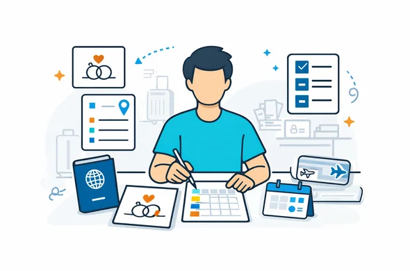 Flat vector illustration, clean semi flat 2D style, deep blue and turquoise with soft amber accent, faceless abstract traveler organizing visa documents for an overseas wedding event, passport, invitation letter, employment proof, flight booking and calendar on a desk, modern tech dashboard feel, calm and organized atmosphere, white and light grey minimal background, subtle suitcase and document icons, not photorealistic