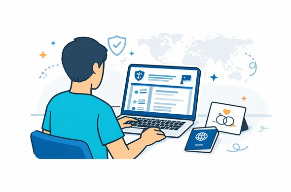 Modern flat vector illustration with deep blue and turquoise palette and soft amber accents, faceless abstract traveler comparing official government visa website on a laptop with event invitation and passport on the table, calm safe organized feeling, clean 2D lines, minimalist white and light grey background, subtle shield icon and world map outline, tech interface elements, not photorealistic