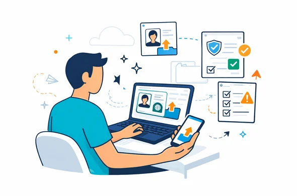 Flat or semi-flat vector illustration, clean modern tech style, deep blue and turquoise palette with soft amber accent, abstract faceless person uploading visa documents from laptop and phone, passport scan, portrait photo, bank statement and checklist icons visible as simple shapes, shield and warning symbols for validation, minimalist white and light grey background with faint cloud storage and folder outlines, calm efficient safe atmosphere, no readable text, not photorealistic