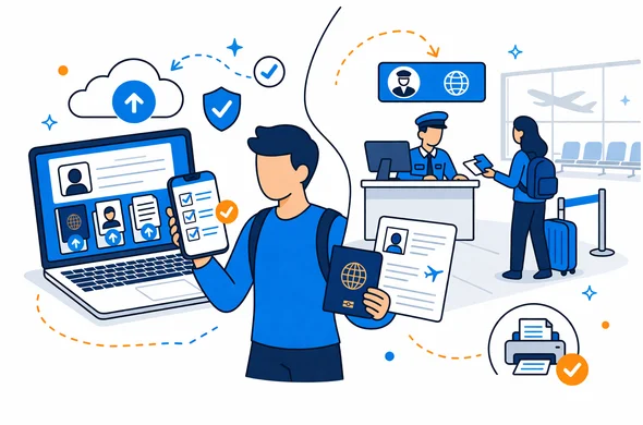 Flat or semi-flat vector illustration, modern clean travel-tech design, deep blue and turquoise with soft amber accent, split scene showing online visa management on one side and an in-person visa center or border checkpoint on the other, abstract faceless traveler comparing smartphone checklist with passport and printed backup, calm secure organized atmosphere, minimalist white and grey background with faint airport terminal outline, no readable text, not photorealistic, professional vector illustration