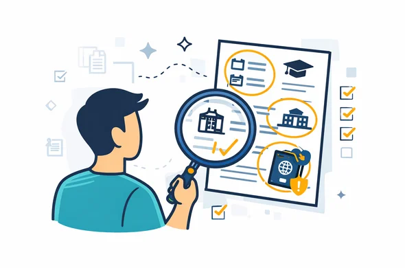 Flat vector illustration, modern clean 2D infographic style, abstract faceless person examining a study acceptance letter with magnifying glass, highlighting dates, course type, institution name, conditional acceptance notice, and passport details. Deep blue and turquoise palette with warm yellow accent, minimalist white grey background, calm organized administrative mood, clean lines, no photorealism, subtle document icons and checklist elements.