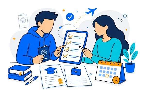Flat semi-flat vector illustration, modern organized workflow scene, abstract faceless traveler and student reviewing a document checklist on a tablet with passport, study acceptance letter, employment paper, and calendar laid out neatly. Deep blue and turquoise primary colors, warm yellow accent, minimalist white and grey background, calm efficient safe mood, subtle checklist and calendar icons, no photorealism, clean lines.
