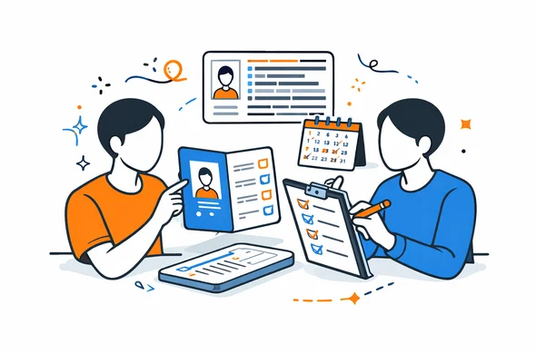 Flat semi-flat vector illustration of checking travel documents and matching details before booking, abstract faceless characters, passport, calendar and checklist icons, clean modern tech feel, minimal background, Aid-Air palette