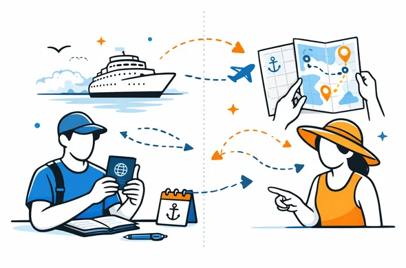Semi-flat vector split scene showing cruise ship, passport, route map and transit arrows, clean organized travel planning, faceless abstract characters, minimal background, Aid-Air palette