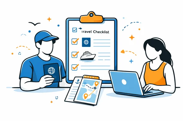 Flat vector illustration of a travel checklist with passport, cruise itinerary and laptop, calm organized atmosphere, faceless abstract characters, modern tech feel, minimal background, Aid-Air palette