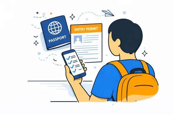 Traveler reviewing passport, entry permit and trip checklist on phone, calm organized atmosphere, flat semi-flat vector, faceless abstract characters, minimal background, Aid-Air palette