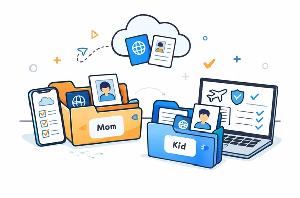 Flat semi-flat vector illustration of organized digital travel folders for a minor and accompanying adult, phone laptop cloud files checklist, calm organized atmosphere, faceless abstract characters, clean modern tech feel, minimal background, Aid-Air palette
