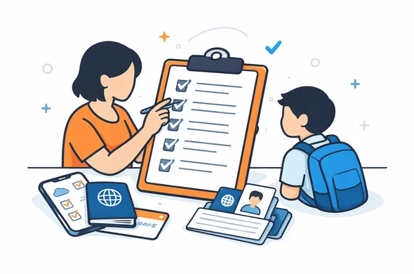 Flat semi-flat vector illustration of pre-travel checklist for a minor traveling with an escort, checklist papers passport phone calm organized atmosphere, faceless abstract characters, clean modern tech feel, minimal background, Aid-Air palette