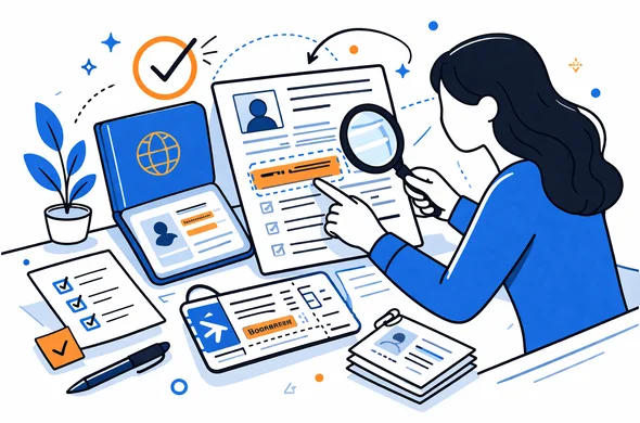 Flat vector illustration of travel documents on a desk, passport, visa form, boarding pass and supporting papers with highlighted name fields, calm organized atmosphere, clean modern tech feel, faceless abstract characters, minimal background, Aid-Air palette.