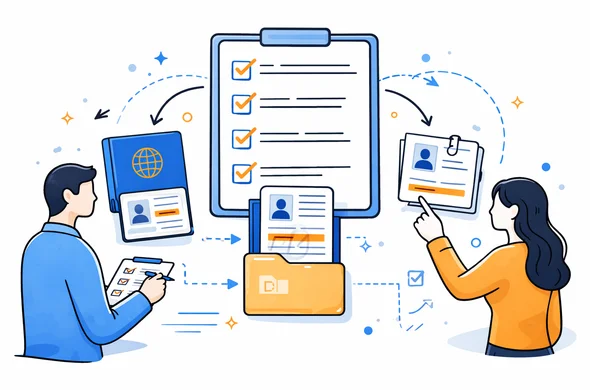 Flat vector illustration of a calm step-by-step checklist for verifying name consistency before visa submission, passport, form and supporting documents aligned, faceless abstract characters, minimal background, clean modern tech feel, Aid-Air palette.