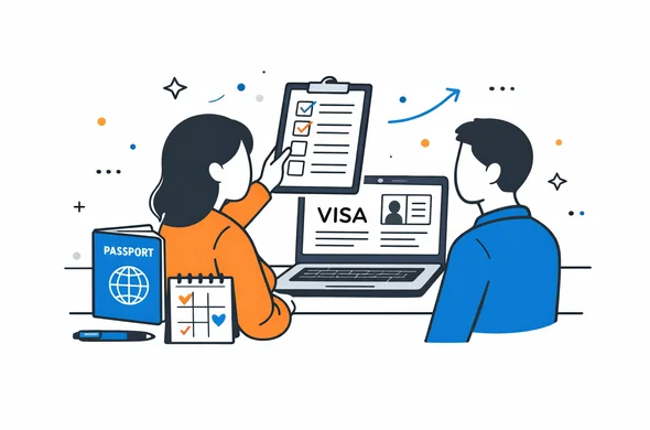 flat vector illustration of organized visa review with calendar, passport, document checklist and laptop, calm modern tech style, faceless abstract characters, minimal background, Aid-Air palette