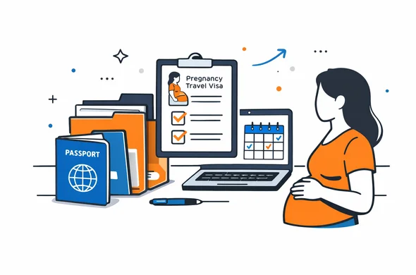 flat vector illustration of pregnancy travel visa checklist with neat folders, calendar and passport, calm organized atmosphere, faceless abstract characters, clean minimal background, Aid-Air palette