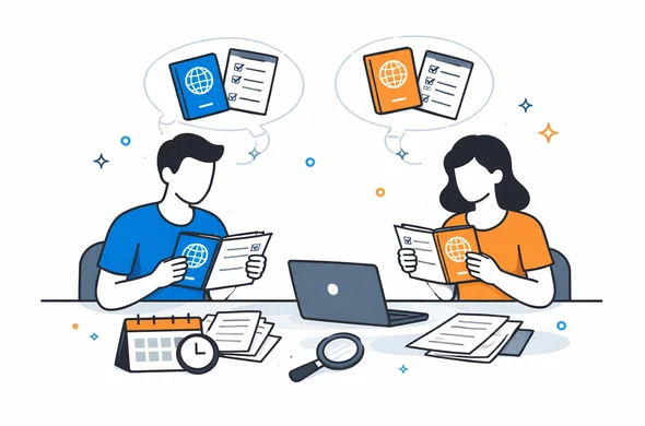 Flat semi-flat vector illustration of two travelers planning together with different passports and separate document checks, faceless abstract characters, calm organized atmosphere, minimal background, Aid-Air palette