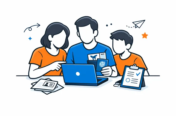 Flat semi-flat vector illustration, faceless abstract family reviewing urgent travel documents on laptop, calm organized atmosphere, minimal background, Aid-Air palette, clean modern tech feel Flat semi-flat vector illustration, faceless abstract family reviewing urgent travel documents on laptop, calm organized atmosphere, minimal background, Aid-Air palette, clean modern tech feel