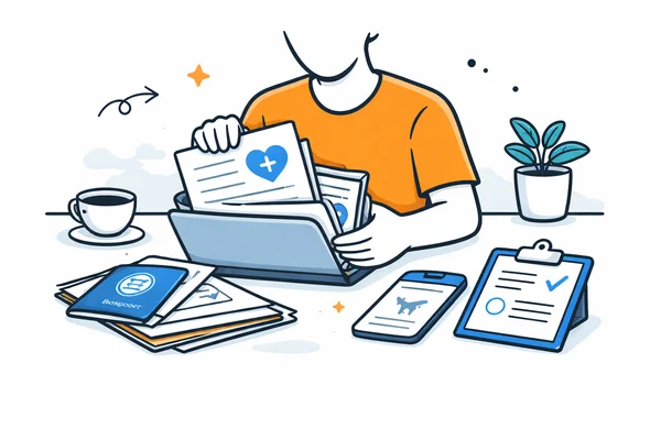 Flat semi-flat vector illustration, faceless abstract person organizing medical letters, passport and flight confirmations for urgent travel, calm organized workspace, minimal background, Aid-Air palette Flat semi-flat vector illustration, faceless abstract person organizing medical letters, passport and flight confirmations for urgent travel, calm organized workspace, minimal background, Aid-Air palette