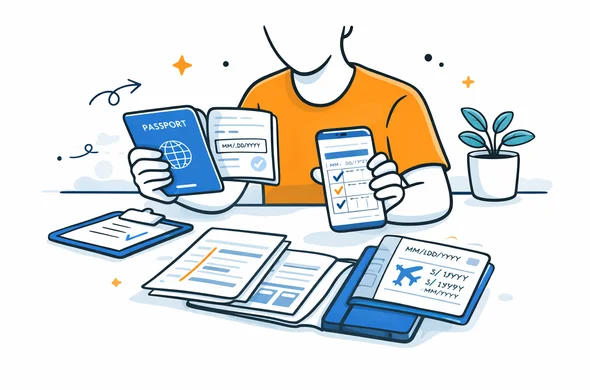 Flat semi-flat vector illustration, faceless abstract traveler checking passport validity and travel dates on phone and documents, calm organized atmosphere, minimal background, Aid-Air palette, modern vector style Flat semi-flat vector illustration, faceless abstract traveler checking passport validity and travel dates on phone and documents, calm organized atmosphere, minimal background, Aid-Air palette, modern vector style