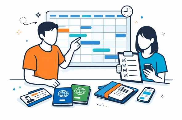 Flat semi-flat vector illustration, two faceless travelers coordinating visa documents and timeline on a calendar board, passports, checklists, folders and a phone, calm organized efficient atmosphere, minimal background, deep blue and turquoise Aid-Air colors, modern clean 2D tech style, no photorealism