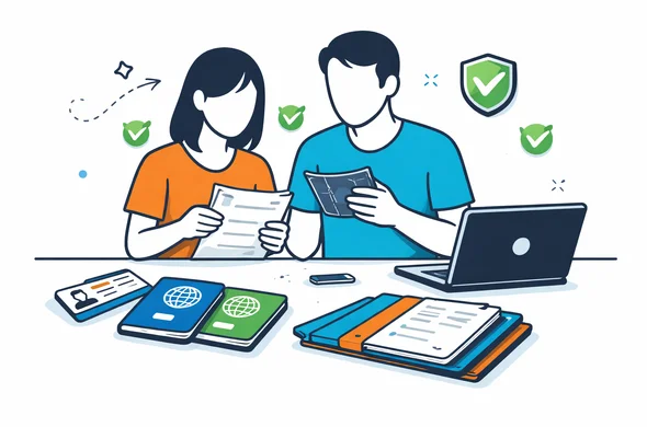 Flat semi-flat vector illustration, final review of travel paperwork by a faceless couple, passports, check marks, organized document folders and laptop, calm secure modern tech atmosphere, minimal white and grey background, Aid-Air palette in deep blue and turquoise, clean vector lines, no photorealism