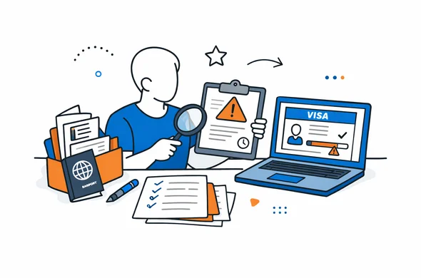 Flat semi-flat vector illustration, faceless abstract traveler organizing visa documents and checking a stalled application, calm organized atmosphere, minimal background, Aid-Air palette, modern tech feel Flat semi-flat vector illustration, faceless abstract traveler organizing visa documents and checking a stalled application, calm organized atmosphere, minimal background, Aid-Air palette, modern tech feel