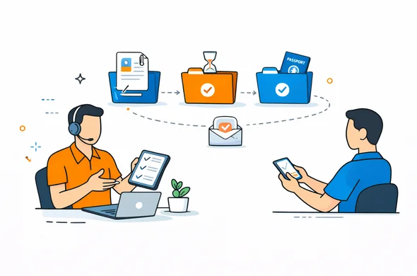 Flat semi-flat vector illustration, faceless abstract travel consultant updating a client on visa progress with organized workflow, calm atmosphere, minimal background, Aid-Air palette, clean modern tech feel