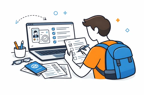 Flat semi-flat vector illustration, faceless abstract traveler reviewing updated visa requirements and checklists on laptop and papers, calm organized atmosphere, minimal background, Aid-Air palette, clean modern tech feel