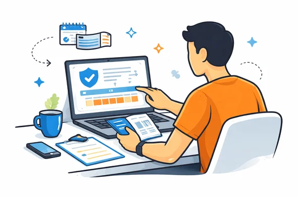 Flat semi flat vector illustration, abstract faceless character checking insurance policy dates passport and itinerary on laptop, clean modern tech feel, calm organized atmosphere, minimal background, Aid Air palette