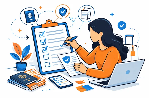 Flat semi flat vector illustration, faceless abstract traveler organizing a checklist of visa and insurance documents before submission, calm organized atmosphere, minimal background, Aid Air palette, modern tech style
