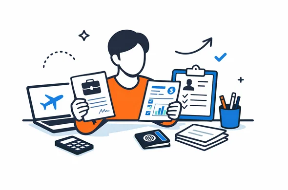 Flat semi-flat vector illustration, faceless abstract person reviewing employment documents for a visa application, calm organized desk, minimal background, Aid-Air palette, clean modern tech feel Flat semi-flat vector illustration, faceless abstract person reviewing employment documents for a visa application, calm organized desk, minimal background, Aid-Air palette, clean modern tech feel