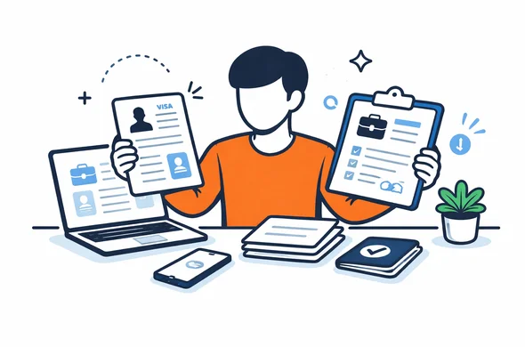 Flat semi-flat vector illustration, faceless abstract person comparing a visa form with employment papers and digital files, calm organized atmosphere, minimal background, Aid-Air palette, clean modern tech feel Flat semi-flat vector illustration, faceless abstract person comparing a visa form with employment papers and digital files, calm organized atmosphere, minimal background, Aid-Air palette, clean modern tech feel