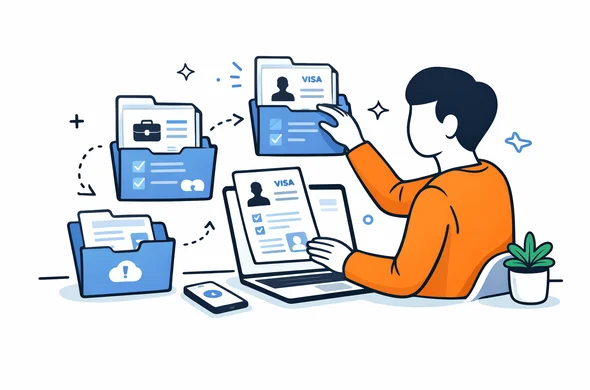 Flat semi-flat vector illustration, faceless abstract person organizing digital folders with visa and employment documents, calm organized workspace, minimal background, Aid-Air palette, clean modern tech feel Flat semi-flat vector illustration, faceless abstract person organizing digital folders with visa and employment documents, calm organized workspace, minimal background, Aid-Air palette, clean modern tech feel