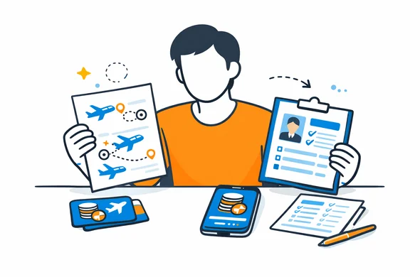 Flat semi-flat vector illustration, faceless abstract traveler comparing complex flight itinerary, transit legs, points booking screen and visa checklist, calm organized atmosphere, minimal background, Aid-Air palette, clean modern tech style
