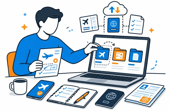 Flat semi-flat vector illustration, faceless abstract character organizing digital travel documents, award ticket files, visa papers and checklist on laptop, calm organized atmosphere, minimal background, Aid-Air palette, clean modern tech style