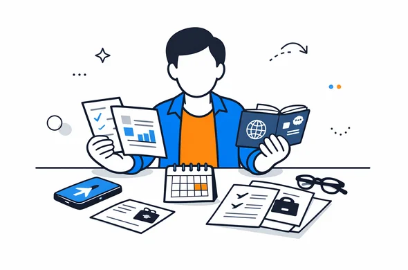 Flat semi-flat vector illustration, faceless abstract traveler reviewing mixed business and tourism trip documents, passport, phone, calendar and papers on desk, calm organized atmosphere, minimal background, Aid-Air palette, modern clean tech feel Flat semi-flat vector illustration, faceless abstract traveler reviewing mixed business and tourism trip documents, passport, phone, calendar and papers on desk, calm organized atmosphere, minimal background, Aid-Air palette, modern clean tech feel