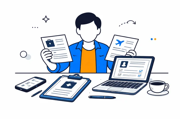 Flat semi-flat vector illustration, faceless abstract person comparing visa form, business invitation and travel itinerary on laptop and papers, calm organized atmosphere, minimal background, Aid-Air palette, clean modern tech style Flat semi-flat vector illustration, faceless abstract person comparing visa form, business invitation and travel itinerary on laptop and papers, calm organized atmosphere, minimal background, Aid-Air palette, clean modern tech style